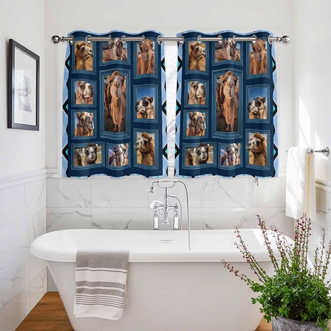 2 Panel Kitchen Cafe Curtains, Desert Camels Sunlight Filtering Nature Air Through, Home Decor Window Covering Tier Curtains for Bedroom Living Room Wildlife Brown Animals Blue Geometric