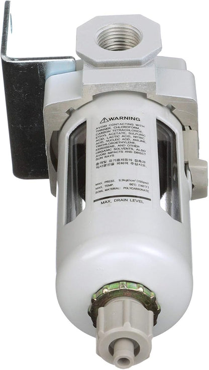 PneumaticPlus SAF300-N03B Compressed Air Particulate Filter 3/8" NPT, 10 Micron, Poly Bowl, Manual Drain, Bracket