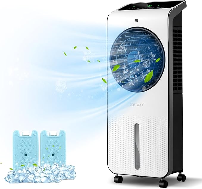 COSTWAY Portable Evaporative Air Cooler, 3-in-1 Swamp Cooler w/Remote Control, 360° Rotating Fan Blade, 3 Modes, 12H Timer, 2 Ice Packs, Air Cooling Fan with Fan & Humidifier for Room Home Office