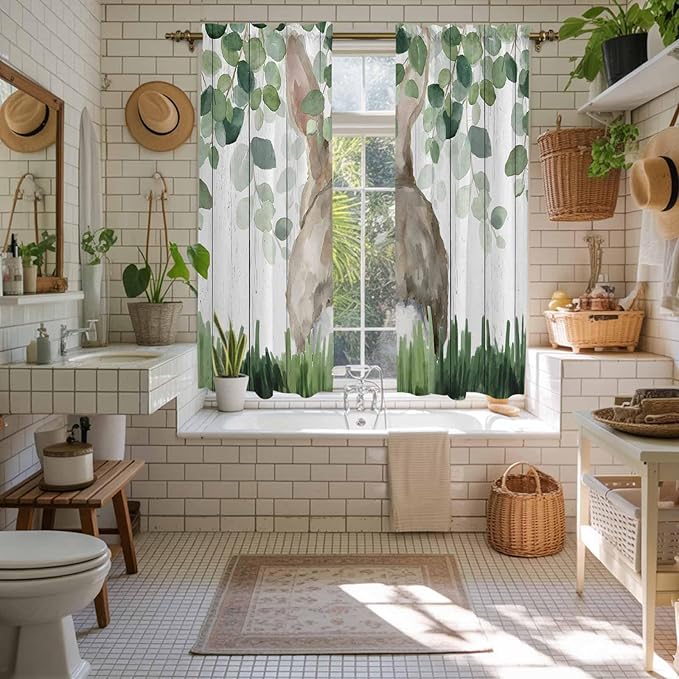 Easter Kitchen Curtains, Country Rabbit Botanical Leaves Wooden Grain Light Filtering Window Curtain Panels, 2Pcs Rod Pocket Window Treatments Set for Living Room Bathroom Bedroom 42x63 Inches