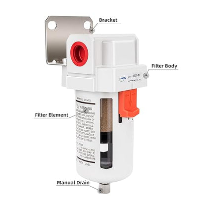 NANPU 3/8" NPT Compressed Air Line Filter, 5 Micron Brass Element, Bracket, Poly Bowl, 145 psi