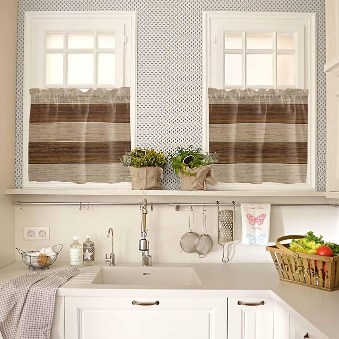 Retro Country Brown Wooden Board Window Valance Curtains, Farmhouse Gradient Plank Light Filtering Kitchen Valance with 3-inch Rod Pocket for Living Room Bathroom Bedroom,2 Panel,27.5x36In