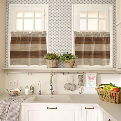 Retro Country Brown Wooden Board Window Valance Curtains, Farmhouse Gradient Plank Light Filtering Kitchen Valance with 3-inch Rod Pocket for Living Room Bathroom Bedroom,2 Panel,27.5x36In