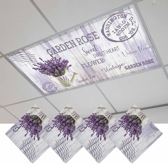 Fluorescent Light Covers for Ceiling Lights Lavender Flower Magnetic Light Filters 4 Pack 4x2 ft Watering Can Purple Old Postcard Wood Ceiling Lights Cover for Classroom Office School Drop Lamp Decor