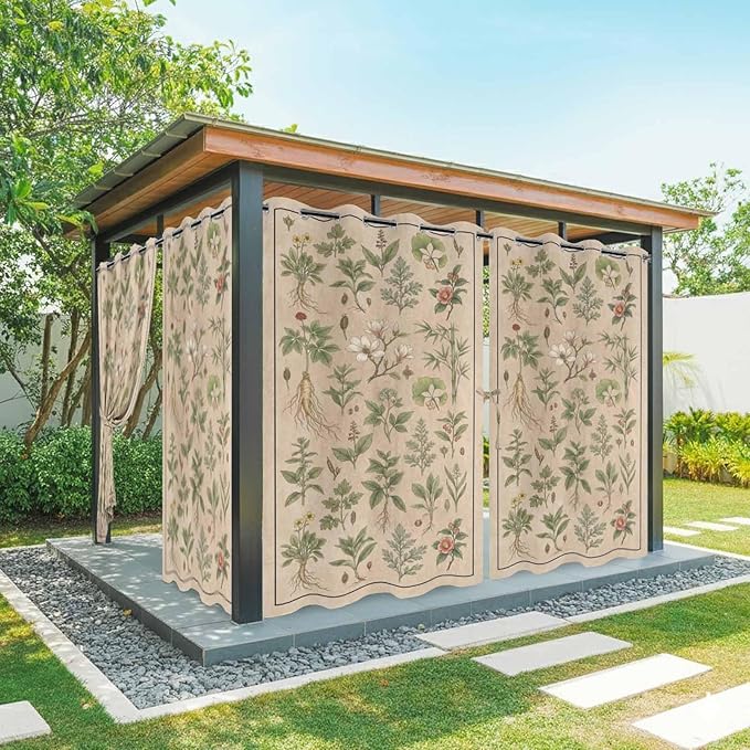 Vintage Outdoor Curtains for Patio Grass Herbal Botanical Garden Plants Waterproof Outside Curtains with Grommet Top Weatherproof Curtain for Cabana Pergola Gazebo, 1 Panel, 54" W x 108" L