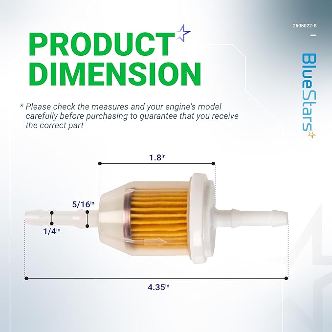 BlueStars AM116304 Fuel Filter 25 050 22-S - For 1/4 and 5/16 Fuel Line Kohler 25-050-03-S 25-050-08-S John Deere GY20709 Gravely 21541500 - Replaces 71-5960 120-436 38666 149-2206-01 - Pack of 10