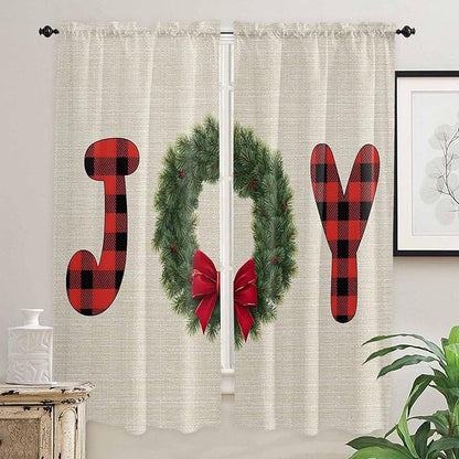 Red Green Christmas Window Curtains 72 Inch Long 2 Panel Set, Rod Pocket Long Curtains & Drapes, Farmhouse Xmas Botanical Winter Light Filtering Window Treatment for Bedroom Living Room 52"W x 72"L