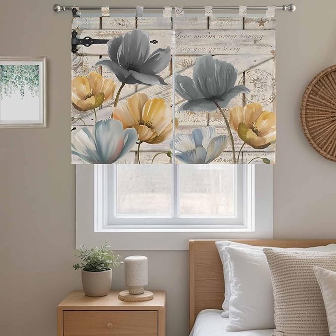 Spring Tulips Flower Bedroom Curtains 63 Inch Length, Window Curtains Tab Top, Vintage Floral Barn Doors Rustic Beige Light Filtering Window Treatments Drapes 42"x63" 2 Panel