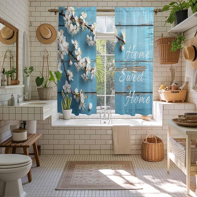 Farmhouse Wooden Grain Kitchen Curtains, Vintage Shabby Chic Flower Blue Light Filtering Window Curtain Panels, 2Pcs Rod Pocket Window Treatments Set for Living Room Bathroom Bedroom 42x63 Inches