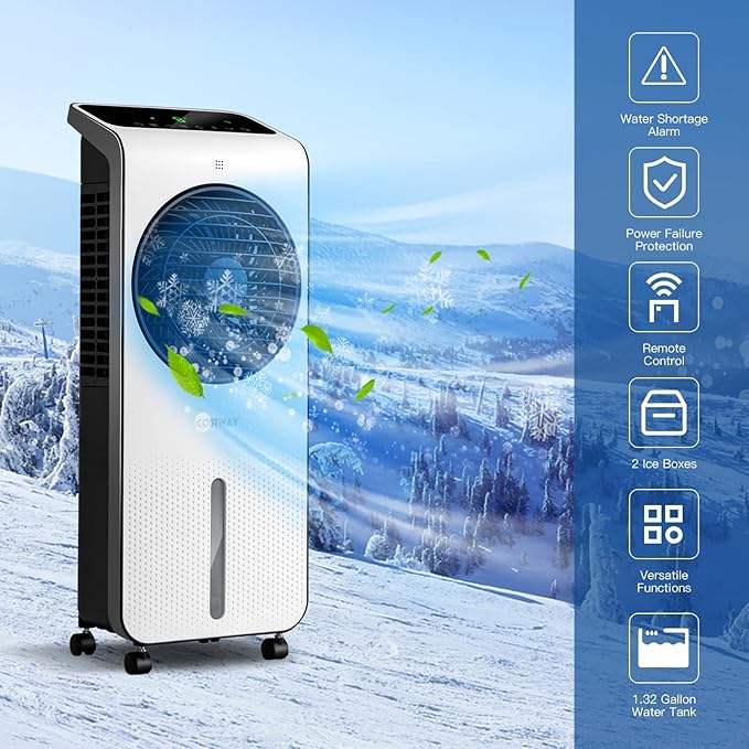 COSTWAY Portable Evaporative Air Cooler, 3-in-1 Swamp Cooler w/Remote Control, 360° Rotating Fan Blade, 3 Modes, 12H Timer, 2 Ice Packs, Air Cooling Fan with Fan & Humidifier for Room Home Office