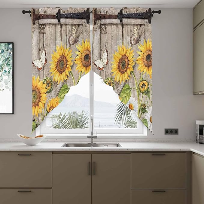 Farmhouse Sunflowers Swag Valances for Windows, Rustic Barn Doors Flowers Butterfly Wooden Rod Pocket Kitchen Curtains Valance, Kitchen Window Curtains Swag for Cafe Living Room, 2 Panels, 36x45 inch
