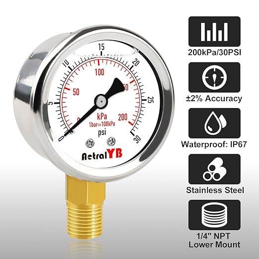 0-30 PSI Pressure Gauge, Glycerin-Filled, 2-Inch Stainless Steel Gauge, 1/4" NPT Lower Mount, Waterproof for Air Compressor, Water Pump, Hydraulic and Pneumatic Systems