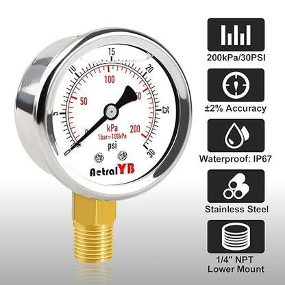 0-30 PSI Pressure Gauge, Glycerin-Filled, 2-Inch Stainless Steel Gauge, 1/4" NPT Lower Mount, Waterproof for Air Compressor, Water Pump, Hydraulic and Pneumatic Systems