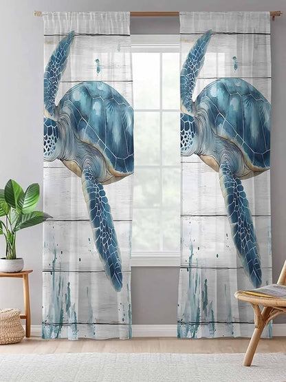 Sheer Curtains 96 Inches Long, Teal Green Ocean Turtle Semi Sheer Curtains Light Filtering Window Treatment, Coastal Seaweed Wood Grain Privacy Voile Drapes for Living Room Bedroom 52x96 Inch