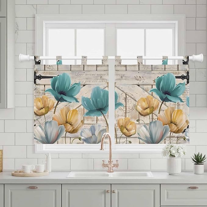 Watercolor Flowers Kitchen Curtains 24 Inch Length, Small Window Curtains Tab Top, Vintage Tulips Floral Barn Doors Wood Grain Light Filtering Short Window Treatments Tier Drapes 27.5"x24" 2 Panel