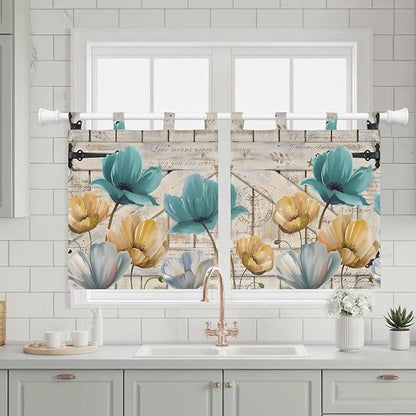 Watercolor Flowers Kitchen Curtains 24 Inch Length, Small Window Curtains Tab Top, Vintage Tulips Floral Barn Doors Wood Grain Light Filtering Short Window Treatments Tier Drapes 27.5"x24" 2 Panel