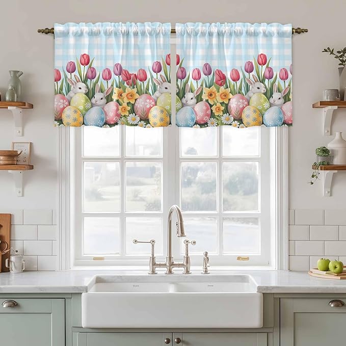 Easter Kitchen Tier Curtains 24 Inch Long 2 Panel Set,Rod Pocket Cafe Small Window Curtains Over Sink,Spring Bunny Colorful Eggs Tulip Flowers Blue Check Light Filtering Short Drapes 27.5"W x 24"L