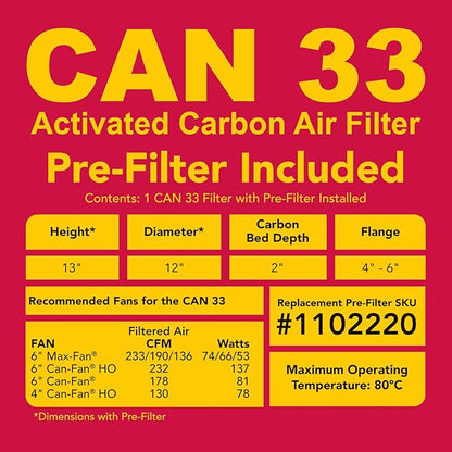Can Filter 358621 Original 33 Carbon Air Filter Without Flange, 200 CFM, 1 Count (Pack of 1), Silver/White