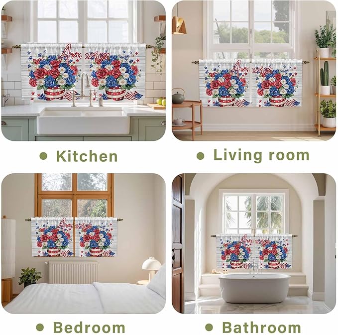 Independence Day Kitchen Tier Curtains 36 Inch Long 2 Panel Set,Rod Pocket Half Window Curtains Over Sink,4 of July Rose Wooden Grain Vintage Light Filtering Short Drapes Cafe 27.5"W x 36"L