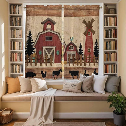 Brown Farmhouse Kitchen Curtains, Vintage Country Animals Wooden Grain Light Filtering Window Curtain Panels, 2Pcs Rod Pocket Window Treatments Set for Living Room Bathroom Bedroom 42x63 Inches