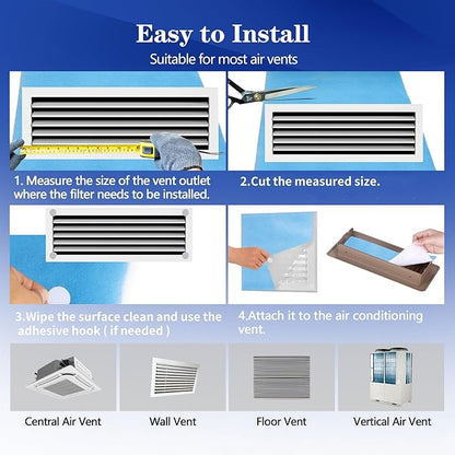 Air Vent Filters, 12"X90" Cut to Size Air Filter Material, MERV 8 Electrostatic Air Filter Roll, Blue & White Vent Filters for Home Floor, Rv Ac Vent, Ceiling, Refrigeration, HVAC Furnace Vent, Etc