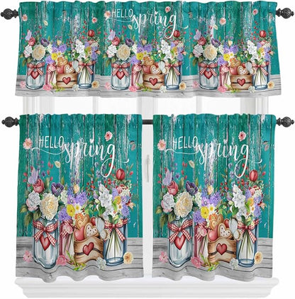Spring Flowers Kitchen Curtain Set, Farmhouse Watercolor Teal Wood Grain Window Valance and Tiers 36" Length, Light Filtering Short Curtains Valance for Cafe Bathroom Bedroom 54"x18"