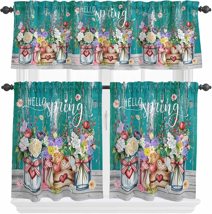 Spring Flowers Kitchen Curtain Set, Farmhouse Watercolor Teal Wood Grain Window Valance and Tiers 24" Length, Light Filtering Short Curtains Valance for Cafe Bathroom Bedroom 54"x18"