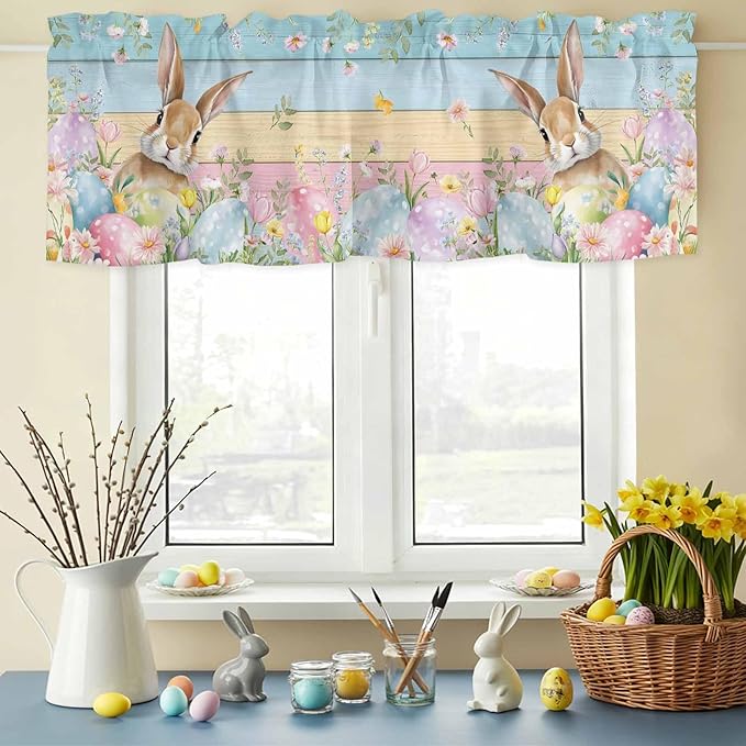 Kitchen Valances for Window, Spring Easter Eggs Rabbit Flower Light Filtering Rod Pocket Valance Curtain, Plant Colorful Wood Grain Short Curtains Window Topper for Bedroom Living Room 42x12in