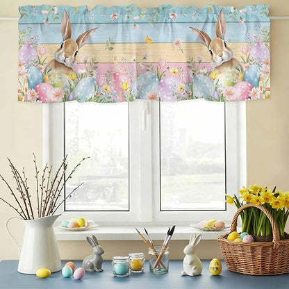 Kitchen Valances for Window, Spring Easter Eggs Rabbit Flower Light Filtering Rod Pocket Valance Curtain, Plant Colorful Wood Grain Short Curtains Window Topper for Bedroom Living Room 42x12in