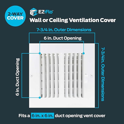 EZ-FLO 6 x 6 Inch (Duct Opening) Air Vent Cover for Wall or Ceiling, Two-Way Ventilation Register, Solid Steel HVAC Register Cover, White, 61660