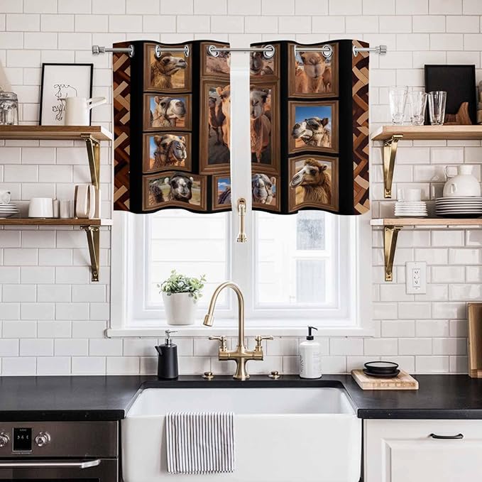 2 Panel Kitchen Cafe Curtains, Desert Camels Sunlight Filtering Nature Air Through, Home Decor Window Covering Tier Curtains for Living Room 55W x 39L inch Brown Wildlife Farmhouse Animals Rustic