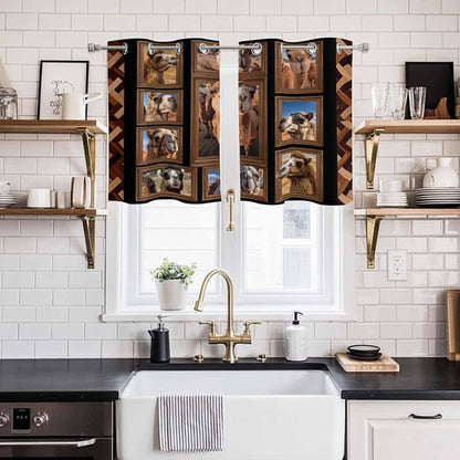 2 Panel Kitchen Cafe Curtains, Desert Camels Sunlight Filtering Nature Air Through, Home Decor Window Covering Tier Curtains for Living Room 55W x 39L inch Brown Wildlife Farmhouse Animals Rustic