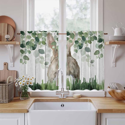 Easter Kitchen Curtains, Country Rabbit Botanical Leaves Wooden Grain Light Filtering Window Curtain Panels, 2Pcs Rod Pocket Window Treatments Set for Study Room Bathroom Bedroom 52x54 Inches