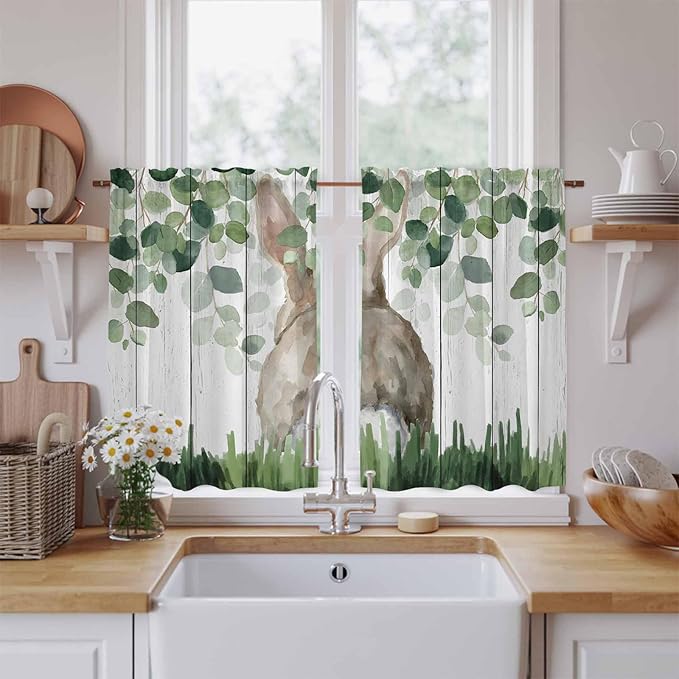 Easter Kitchen Curtains, Country Rabbit Botanical Leaves Wooden Grain Light Filtering Window Curtain Panels, 2Pcs Rod Pocket Window Treatments Set for RV Dining Room Study Room 42x45 Inches