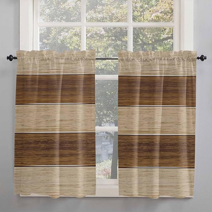 Retro Country Brown Wooden Board Window Valance Curtains, Farmhouse Gradient Plank Light Filtering Kitchen Valance with 3-inch Rod Pocket for Living Room Bathroom Bedroom,2 Panel,52x54In