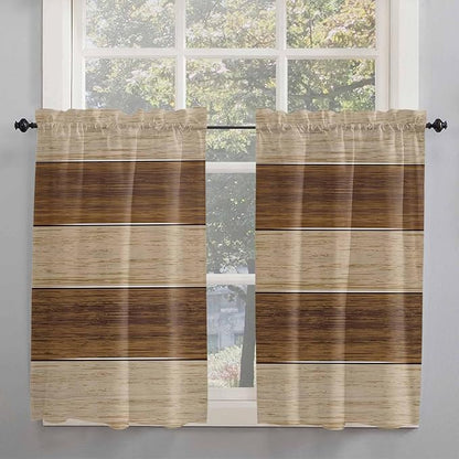 Retro Country Brown Wooden Board Window Valance Curtains, Farmhouse Gradient Plank Light Filtering Kitchen Valance with 3-inch Rod Pocket for Living Room Bathroom Bedroom,2 Panel,52x54In