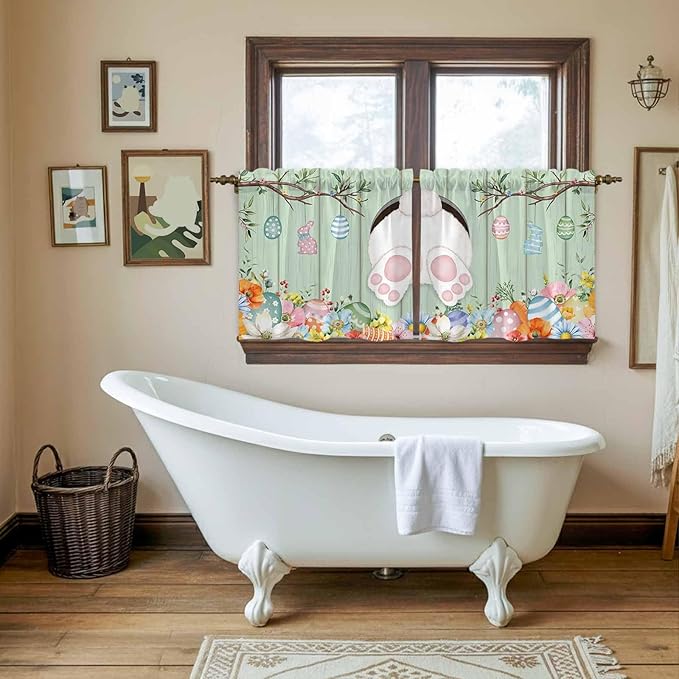 Easter Kitchen Tier Curtains 36 Inch Long 2 Panel Set,Rod Pocket Half Window Curtains Over Sink,Spring Watercolor Bunny Eggs Wooden Grain Green Light Filtering Short Drapes Cafe 27.5"W x 36"L