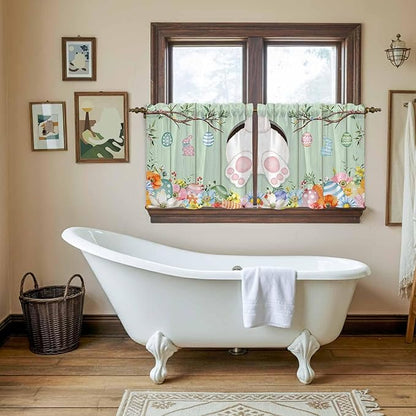 Easter Kitchen Tier Curtains 36 Inch Long 2 Panel Set,Rod Pocket Half Window Curtains Over Sink,Spring Watercolor Bunny Eggs Wooden Grain Green Light Filtering Short Drapes Cafe 27.5"W x 36"L