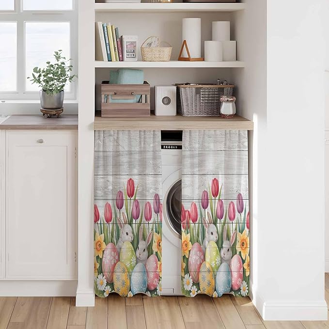 Easter Kitchen Curtains 54 Inch Long 2 Panel Set, Rod Pocket Window Curtains Panels, Retro Spring Bunny Eggs Tulip Farm Wooden Grain Light Filtering Drapery Draperies for Bathroom Bedroom 52"W x 54"L