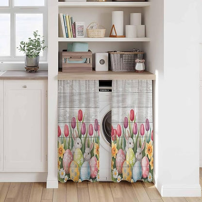 Easter Kitchen Curtains 54 Inch Long 2 Panel Set, Rod Pocket Window Curtains Panels, Retro Spring Bunny Eggs Tulip Farm Wooden Grain Light Filtering Drapery Draperies for Bathroom Bedroom 52"W x 54"L