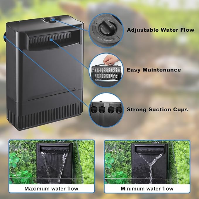 Turtle Tank Filter Aquarium Filter w/ Detachable U-V Light for 30-75Gal, Waterfall Flow Adjustable Low Water Level Internal Green Clean Machine Killing Deodorization Saltwater Freshwater Crystal Clear