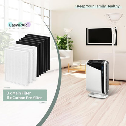 Aera Max 300 Filter Replacement Compatible with Fellowes Aeramax 290/300/DX95 Purifiers Air Filter 9287201, Also Fit AP-300PH HF-300, 3 White Filters & 6 Carbon Pre-Filters