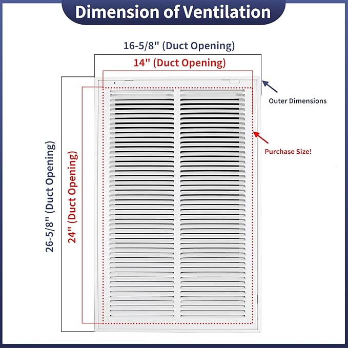 14"W x 24"H [Duct Opening Size] Steel Return Air Filter Grille - Removable Face/Door for 1 inch Filters -HVAC Vent Cover Grill - White [Outer Dimensions: 16 5/8"W X 26 5/8"H]