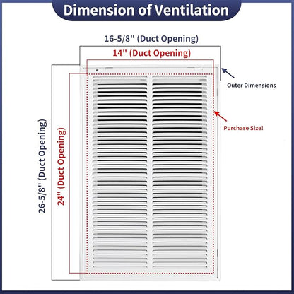 14"W x 24"H [Duct Opening Size] Steel Return Air Filter Grille - Removable Face/Door for 1 inch Filters -HVAC Vent Cover Grill - White [Outer Dimensions: 16 5/8"W X 26 5/8"H]