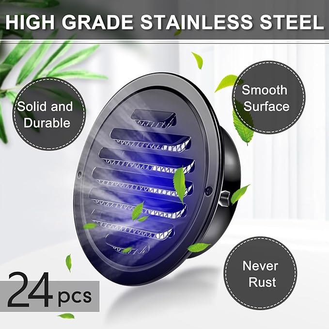 Zonon 24 Pcs Stainless Steel Soffit Vents 4 Inch Round Dryer Vent Cover with Mesh Screen for Home Outdoor Bathroom Wall Ceiling Outside Exterior Exhaust (Black)