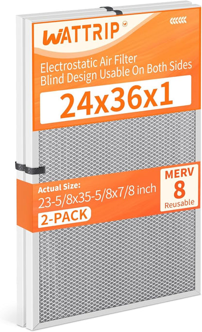 2-Pack 24x36x1 MERV 8 Reusable & Washable Electrostatic Air Filters - Long-Lasting Filter for HVAC, Furnace & Air Conditioner Units, Actual Size: 23-5/8” x 35-5/8” x 7/8”