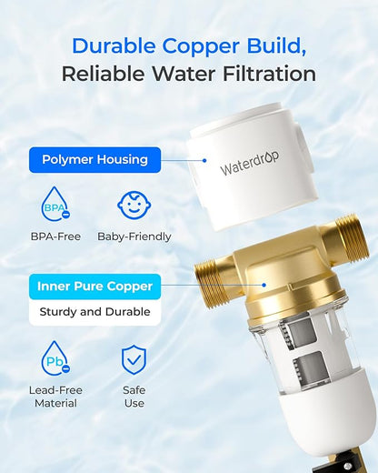Waterdrop Spin Down Sediment Filter, Reusable Whole House Water Filter System, Flushable Pre-Filter System for City/Well Water, 50 Micron, 1" MNPT + 3/4" FNPT, WD-PF01