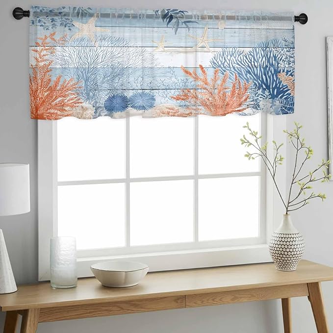 Ocean Corals Sheer Valance Curtains, Summer Beach Coral Sea Stars Blue Wood Grain Light Filtering Kitchen Valances Rod Pocket Voile Curtain Window Treatment for Bedroom/Living Room/Basement 54Wx18L