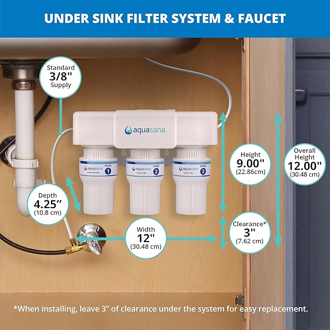 Aquasana Under Sink Water Filter | 3-Stage Claryum Filtration | Reduces up to 99.99% of 78 Contaminants Including PFAS, Lead, & Chlorine | Under Counter Drinking Water Filter | AQ-6300-NF