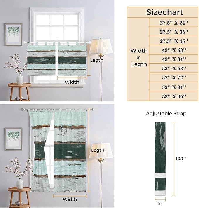 Blue Teal Kitchen Curtains 24 Inch Length, Small Window Curtains Tab Top, Vintage Wooden Retro Art Farmhouse Barns Light Filtering Short Window Treatments Tier Drapes 27.5"x24" 2 Panel